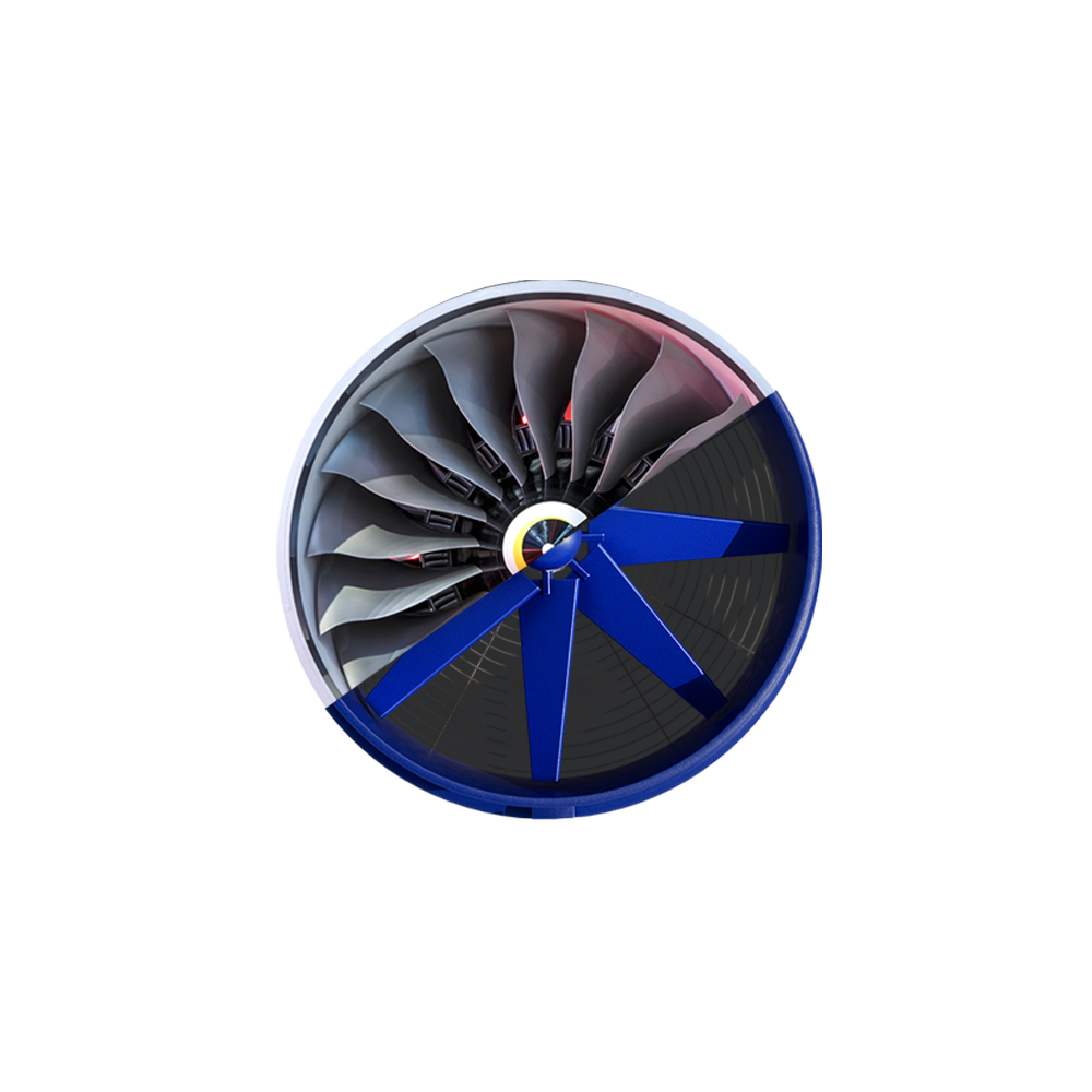 Split image of a jet engine and DAC Fan