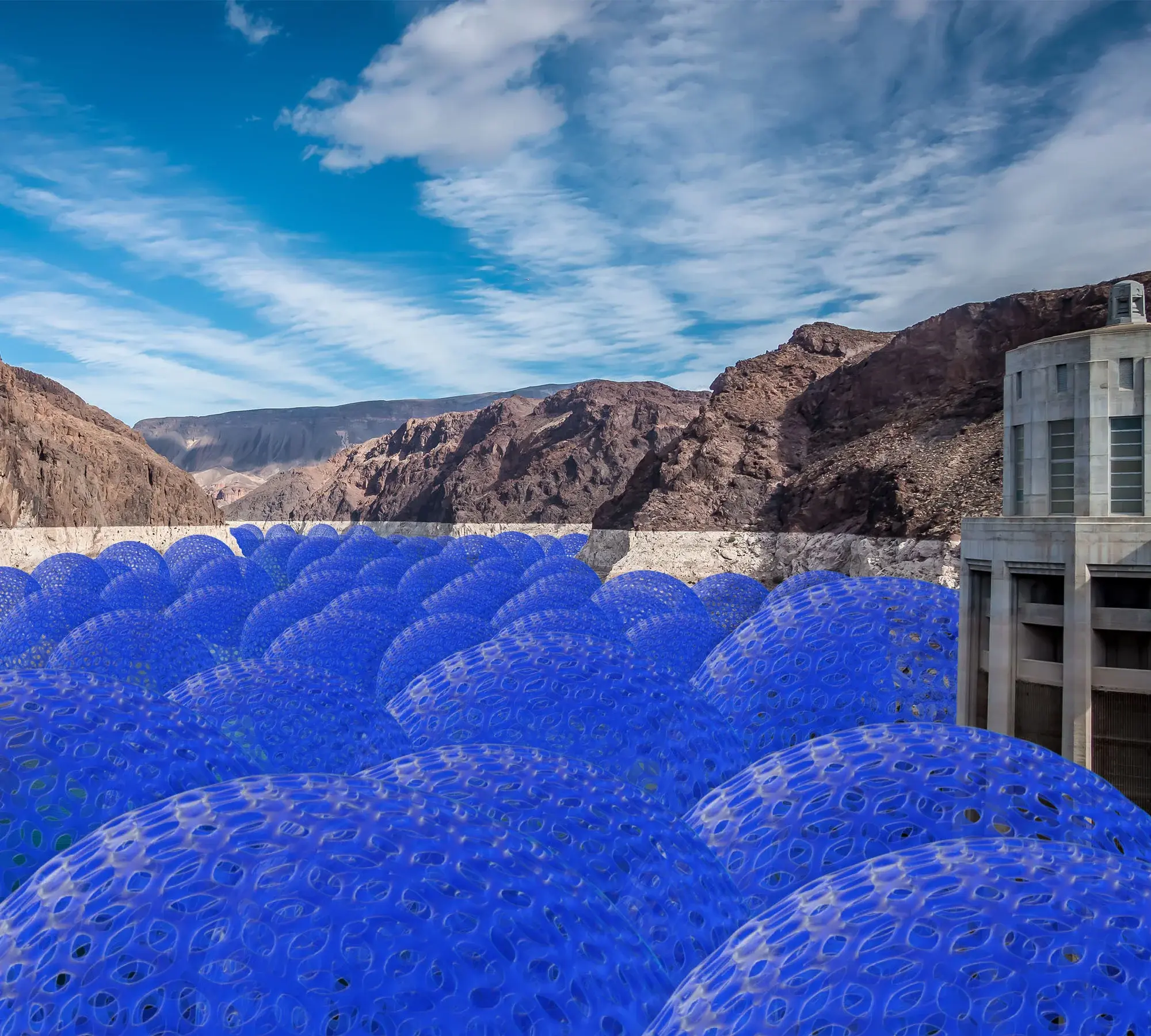 Hoover Dam filled with representative blue CO2 spheres