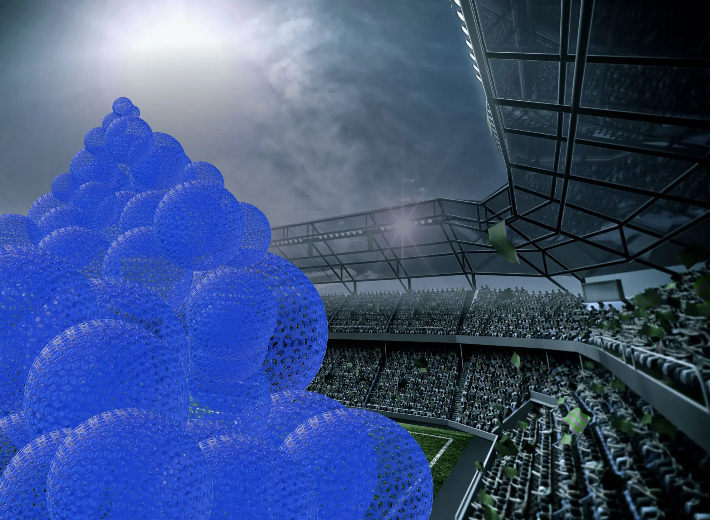 Packed stadium with pile of blue CO2 "spheres"