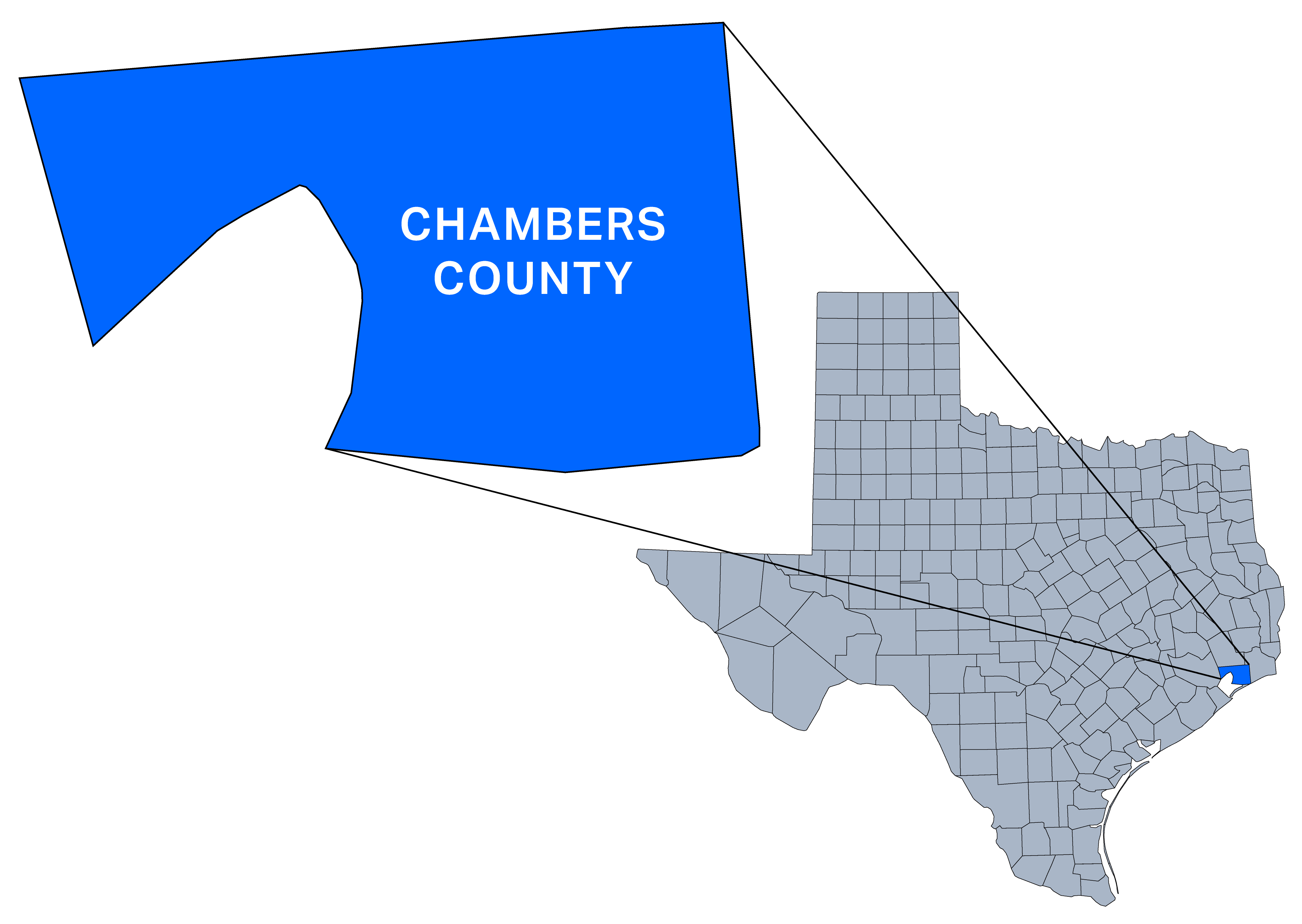 Map of Texas Counties with Chambers County Highlighted